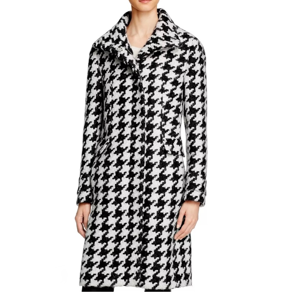 Calvin Klein Black & White Houndstooth Tailored Wool Funnel Neck Coat Sz 4 NWOT